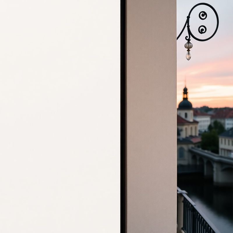 Editorial composition of a Slovak river town at dusk paired with a cream interior wall