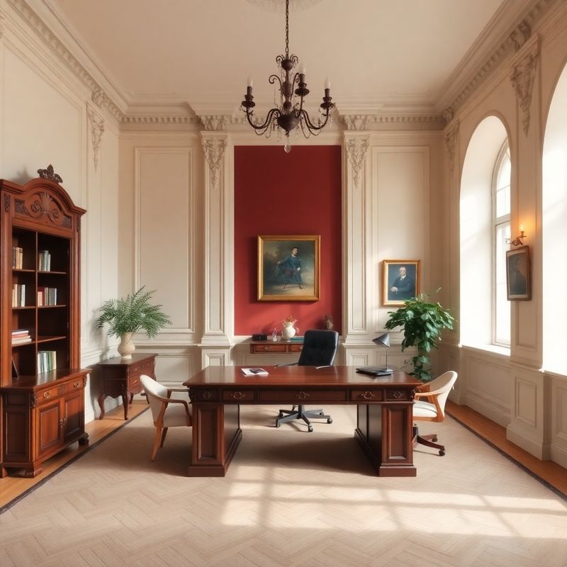 Warm cream-and-burgundy private advisory office interior in a Trnava historic building