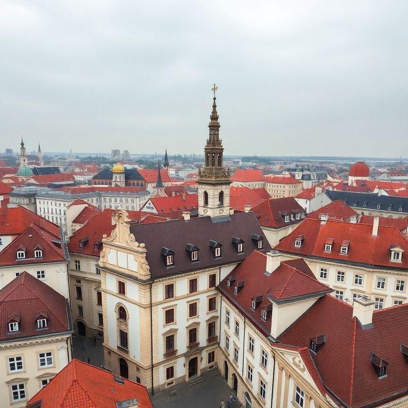 Aerial view of Trnava old town with cream stone architecture and muted burgundy roof details